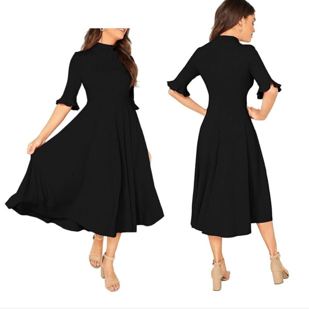Verdusa Ribbed Black Midi Dress